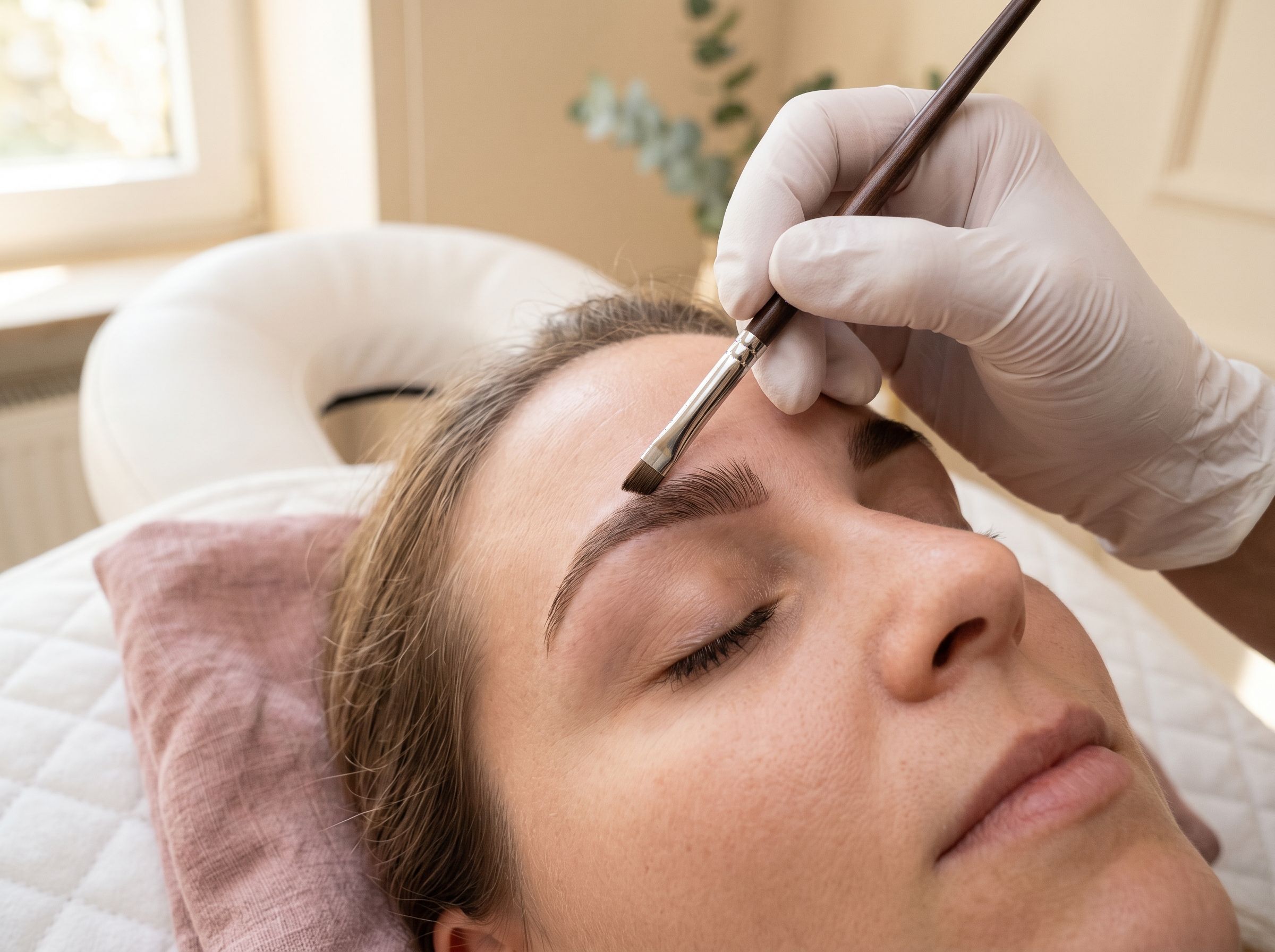 Nahaufnahme einer Brauenmodellage im Ariona-Beauty-Studio Kassel: eine Hand im weißen Handschuh führt einen feinen Brauenpinsel präzise über die Augenbraue