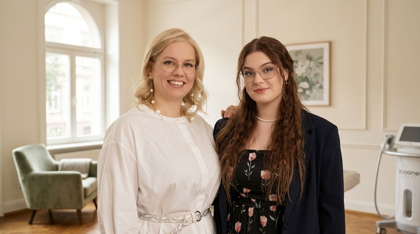Elena und ihre Tochter Arina im Ariona-Beauty-Studio in Kassel: Mutter und Tochter in cremefarbenen Kitteln lächeln in die Kamera, im Hintergrund das Icoone-Laser-Gerät und Tageslicht durch hohe Bogenfenster