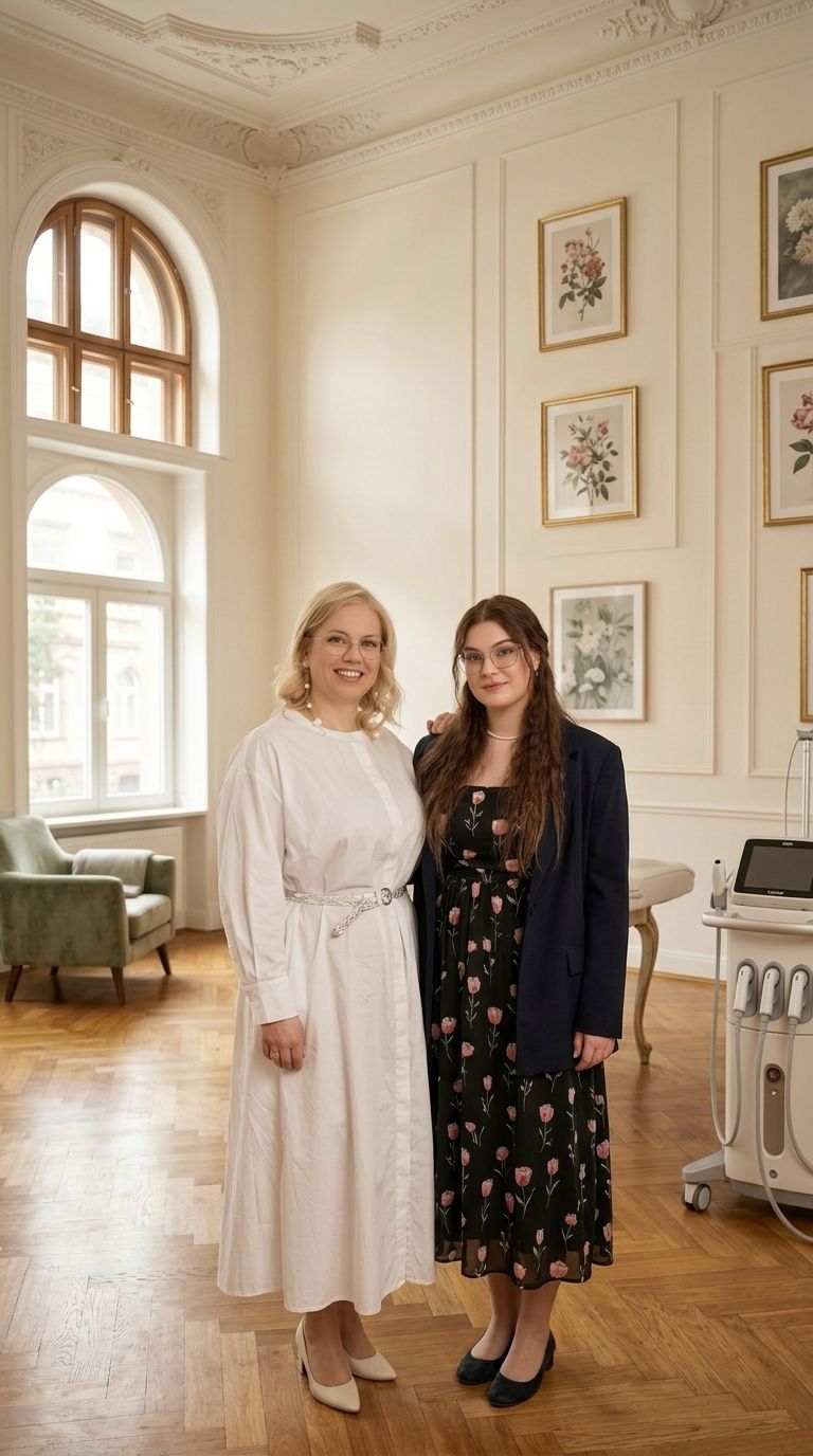 Elena und ihre Tochter Arina im Ariona-Beauty-Studio in Kassel: Mutter und Tochter in cremefarbenen Kitteln lächeln in die Kamera, im Hintergrund das Icoone-Laser-Gerät und Tageslicht durch hohe Bogenfenster