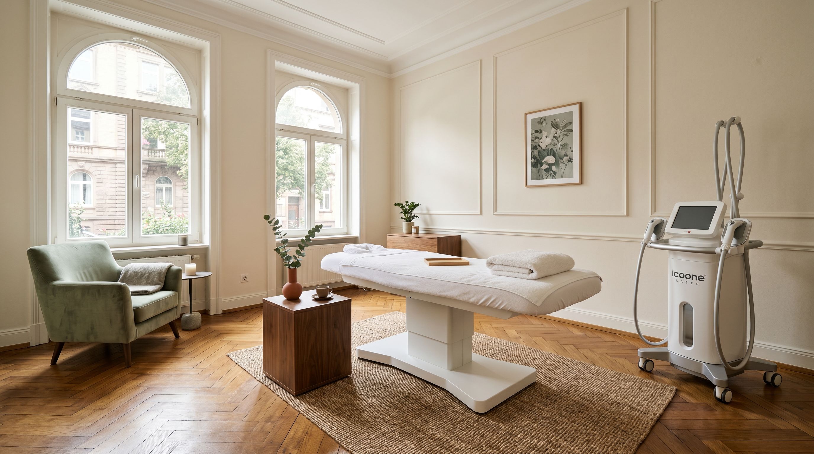 Weitwinkel-Aufnahme des Ariona-Beauty-Studios in einem Kasseler Altbau: Behandlungsliege, Icoone-Gerät, warmes Tageslicht