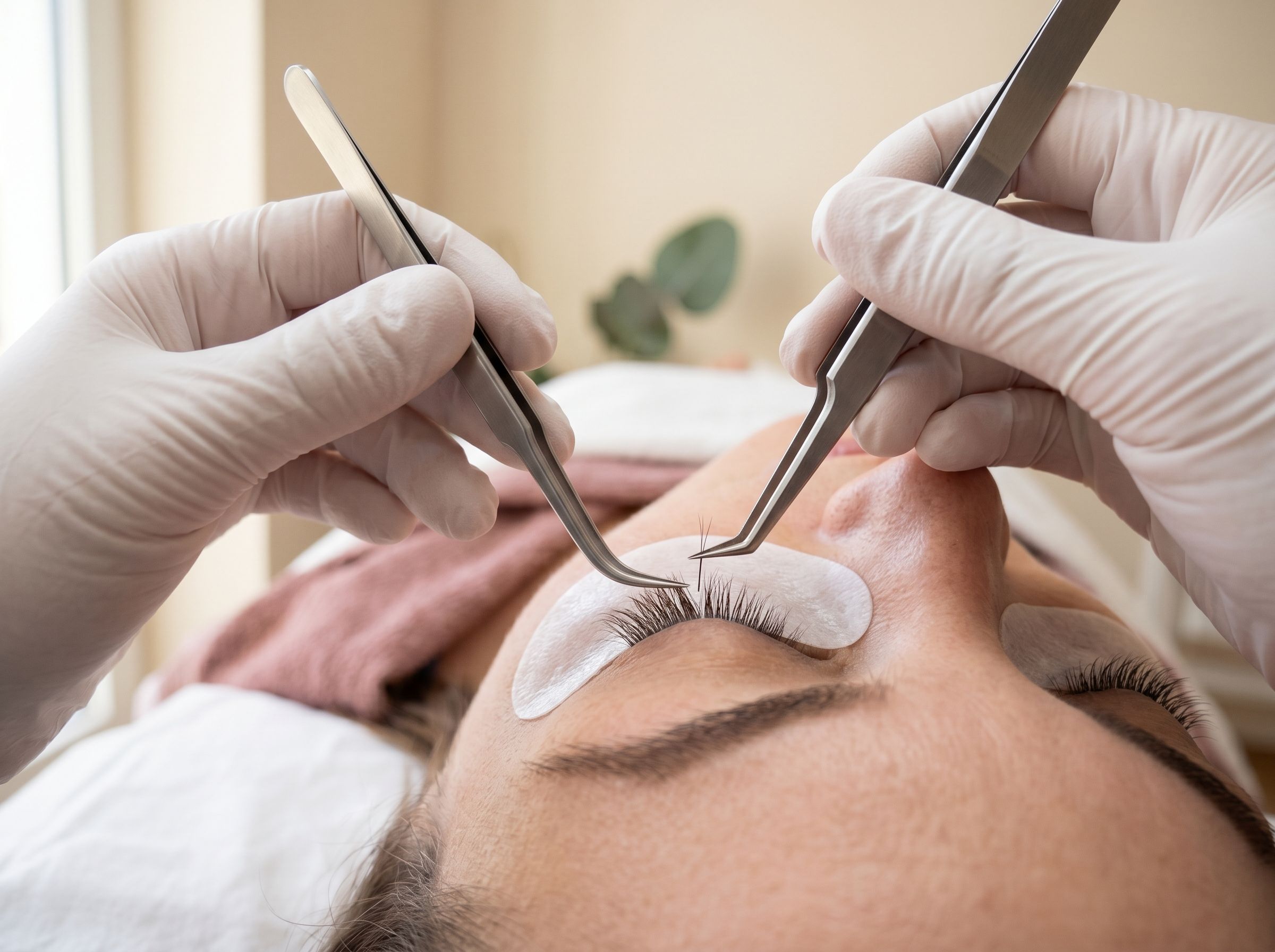 Nahaufnahme einer Wimpernverlängerung im Ariona-Beauty-Studio Kassel: Hände in weißen Handschuhen arbeiten in Zwei-Pinzetten-Technik mit Hydrogel-Patch unter den Augen