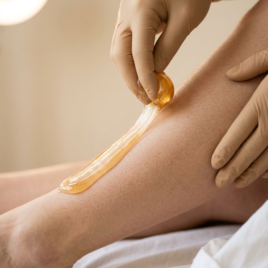 Bernsteinfarbene Sugaring-Paste während der Anwendung an einer Wade — sanfte, natürliche Haarentfernung