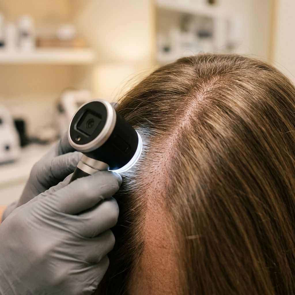 Trichoskopische Diagnostik: feines Trichoskop am gescheitelten Haar